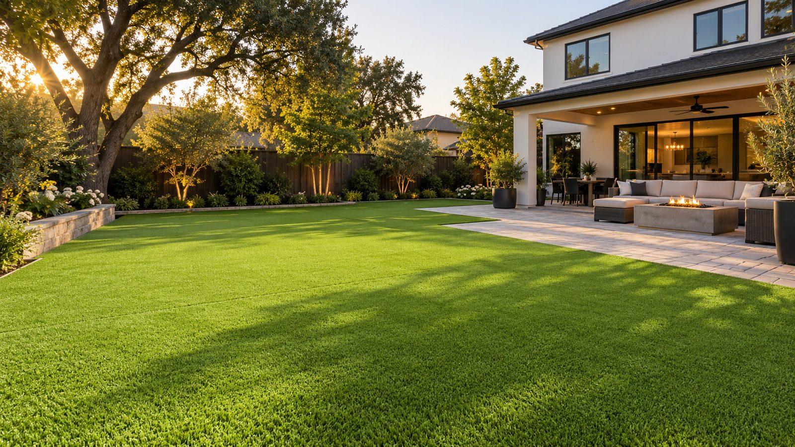 Finished backyard with artificial turf, paver patio and fire pit