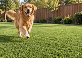 Golden retriever running on pet-friendly artificial grass