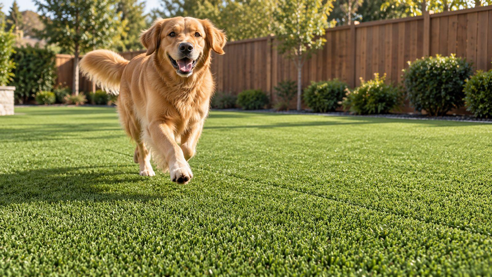 Golden retriever running on pet-friendly artificial grass