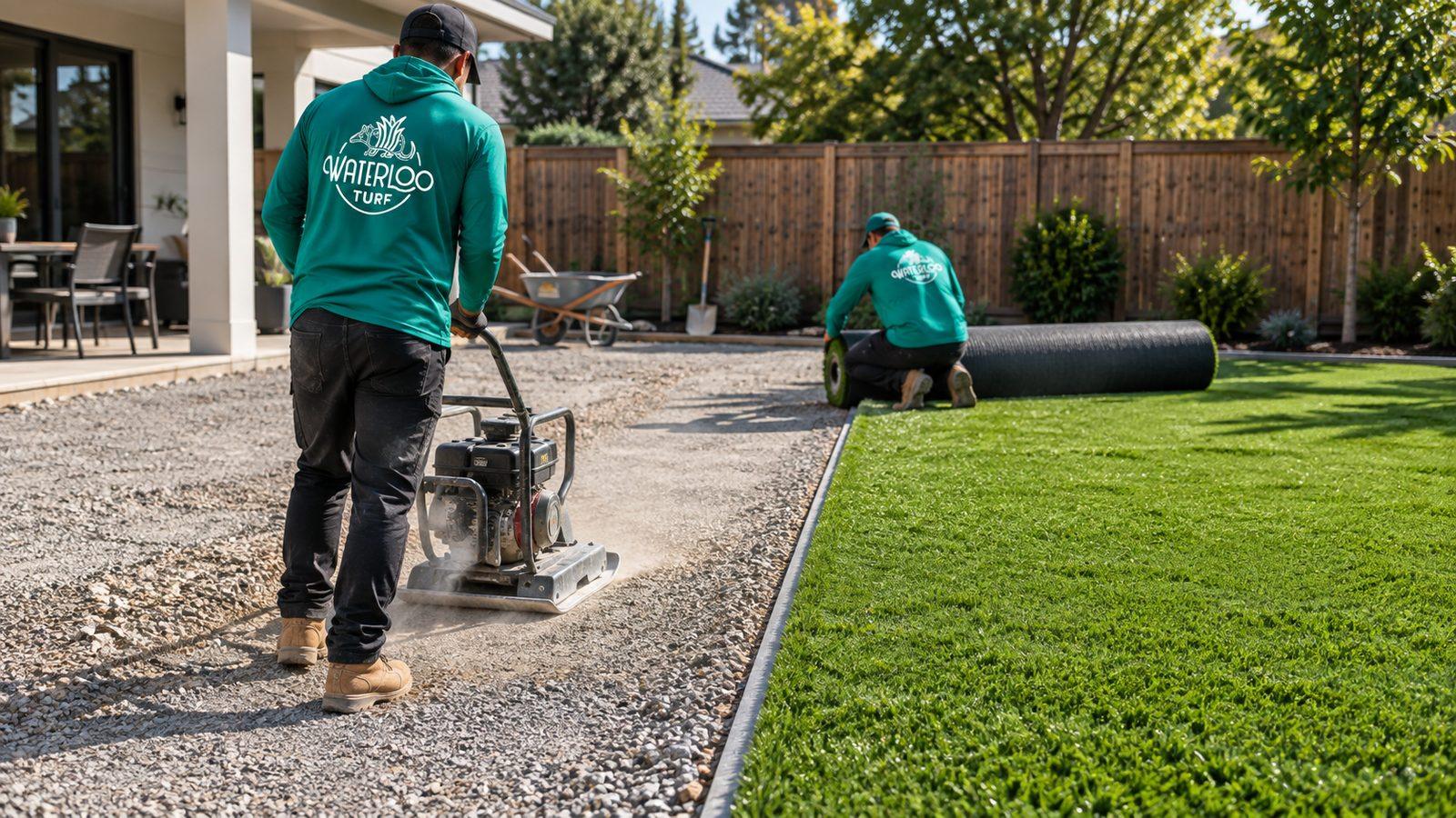 Crew compacting the stone base before artificial turf installation