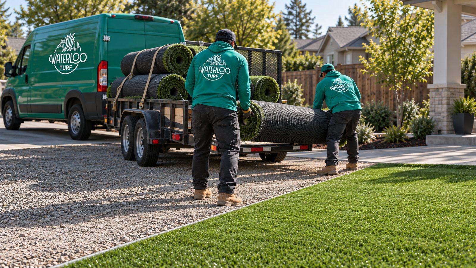 Artificial turf installer crew unloading turf rolls from a trailer