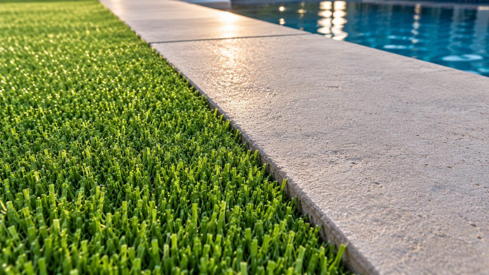 Clean artificial turf edge meeting a concrete pool deck