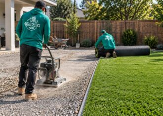 Crew compacting the stone base before artificial turf installation