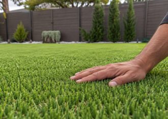 Homeowner checking the evenness of a new artificial turf installation