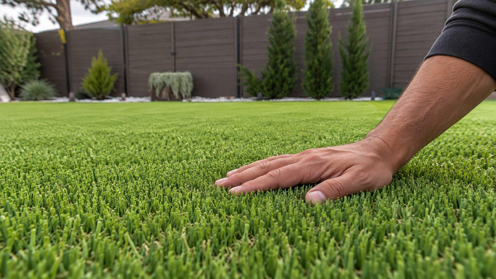 Homeowner checking the evenness of a new artificial turf installation