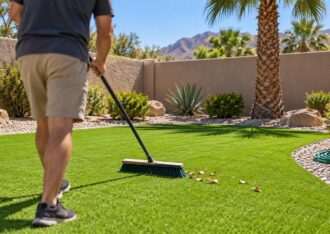 Brushing artificial grass in a Las Vegas backyard