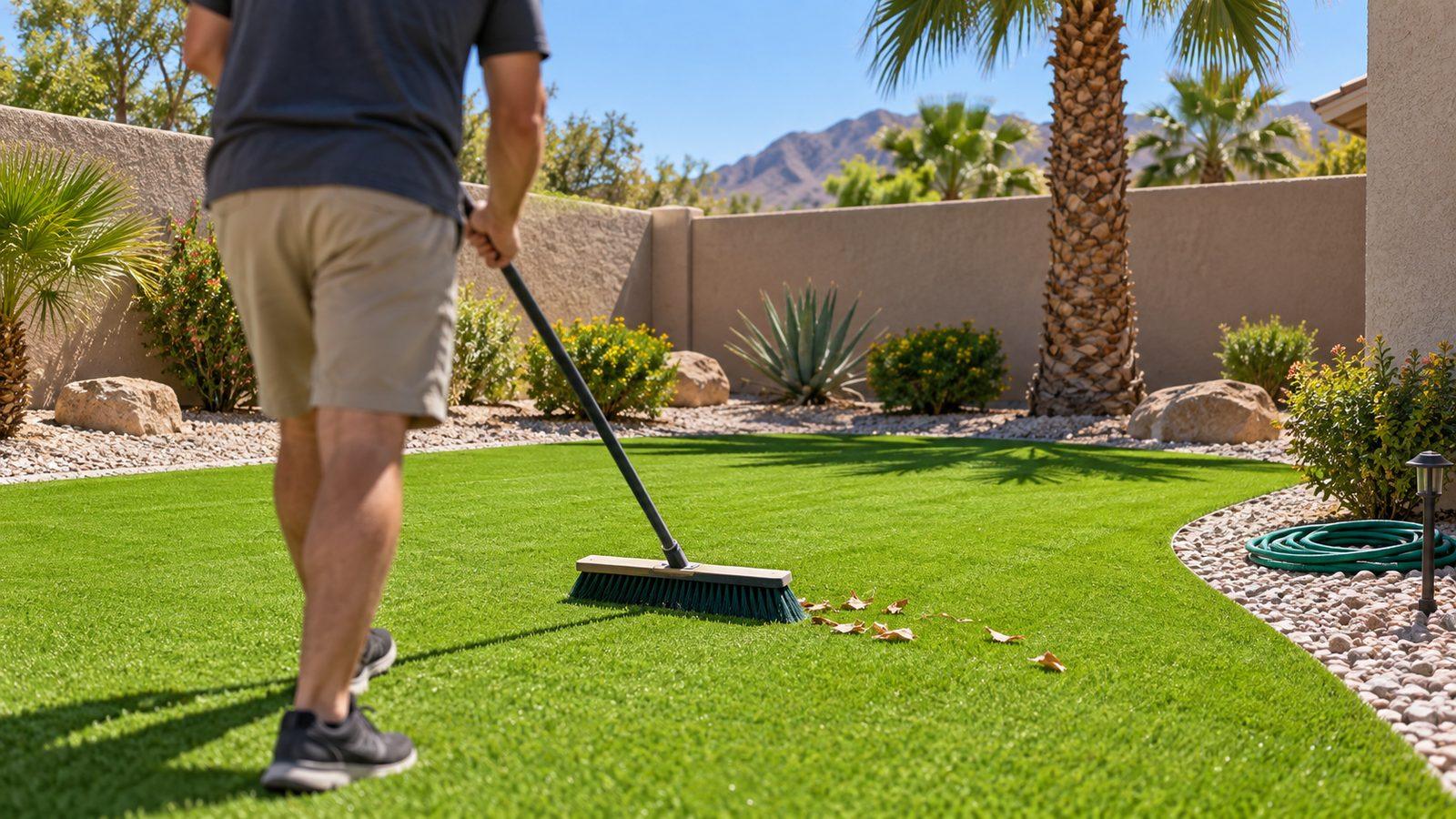 Brushing artificial grass in a Las Vegas backyard