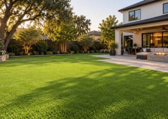 Finished backyard with artificial turf, paver patio and fire pit