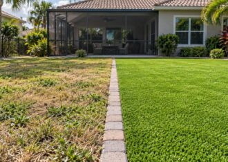 Side-by-side comparison of natural grass and artificial turf in a Florida backyard