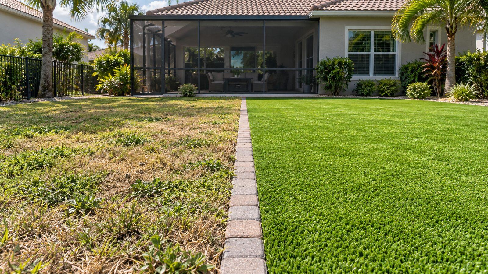 Side-by-side comparison of natural grass and artificial turf in a Florida backyard