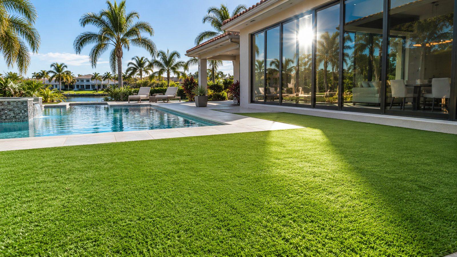 Artificial turf beside large low-E windows and a pool