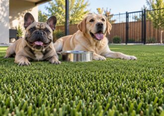 Two dogs resting on pet turf with proper drainage