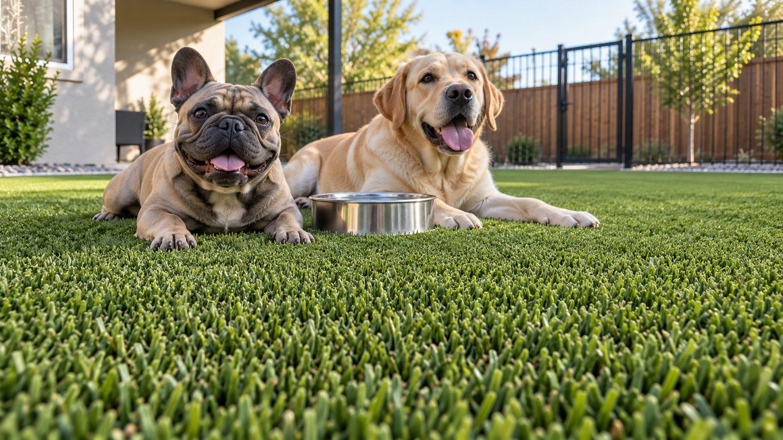 Two dogs resting on pet turf with proper drainage