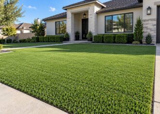 Front yard with freshly installed artificial turf and concrete walkway