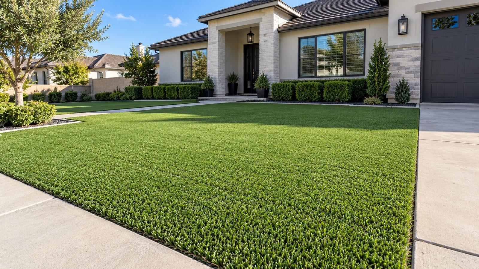 Front yard with freshly installed artificial turf and concrete walkway