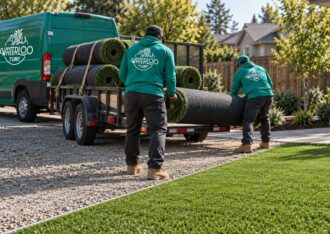 Artificial turf installer crew unloading turf rolls from a trailer